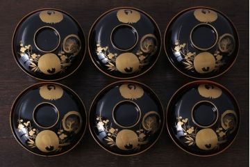 アンティーク雑貨　アンティーク　大正〜昭和初期　木製の鶴亀蒔絵椀6客セット(漆器)