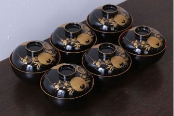 アンティーク雑貨　アンティーク　大正〜昭和初期　木製の鶴亀蒔絵椀6客セット(漆器)
