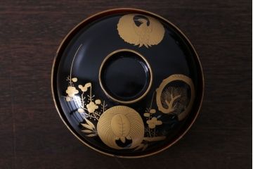 アンティーク雑貨　アンティーク　大正〜昭和初期　木製の鶴亀蒔絵椀6客セット(漆器)