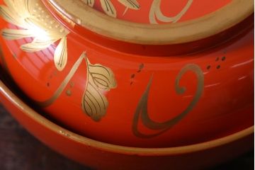 アンティーク雑貨　アンティーク　大正〜昭和初期　木製朱塗蒔絵椀4客セット(漆器)