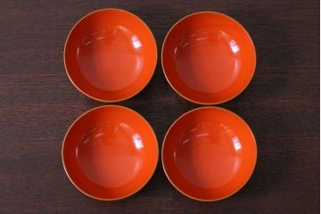 アンティーク雑貨　アンティーク　大正〜昭和初期　木製朱塗蒔絵椀4客セット(漆器)