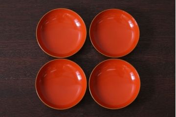 アンティーク雑貨　アンティーク　大正〜昭和初期　木製朱塗蒔絵椀4客セット(漆器)