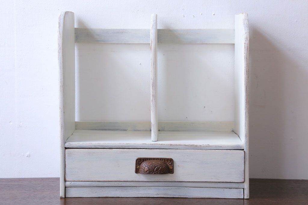 アンティーク家具　アンティークペイント　引き出し付き!小さな古い木の本立て