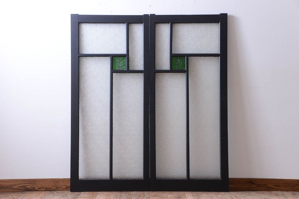 大正ロマン　当時物色ガラス入り!モダンなペイント引き戸2枚セット(窓)(2)