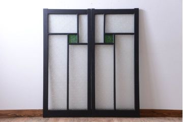 大正ロマン　当時物色ガラス入り!モダンなペイント引き戸2枚セット(窓)(2)