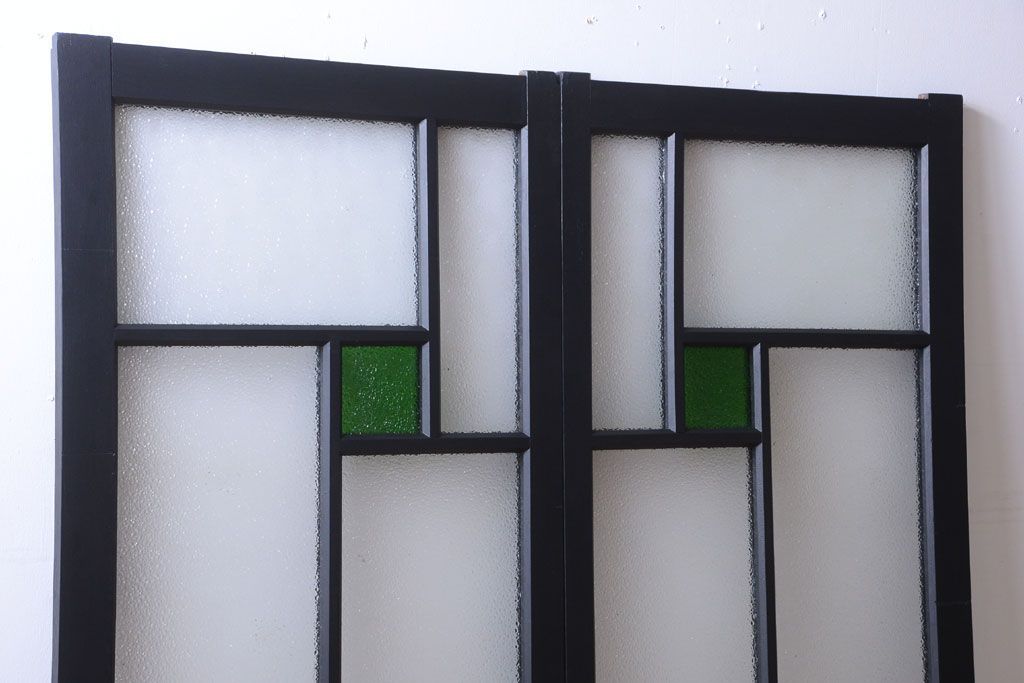 大正ロマン　当時物色ガラス入り!モダンなペイント引き戸2枚セット(窓)(2)