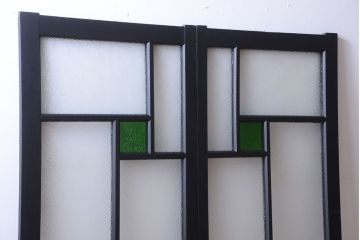 大正ロマン　当時物色ガラス入り!モダンなペイント引き戸2枚セット(窓)(2)