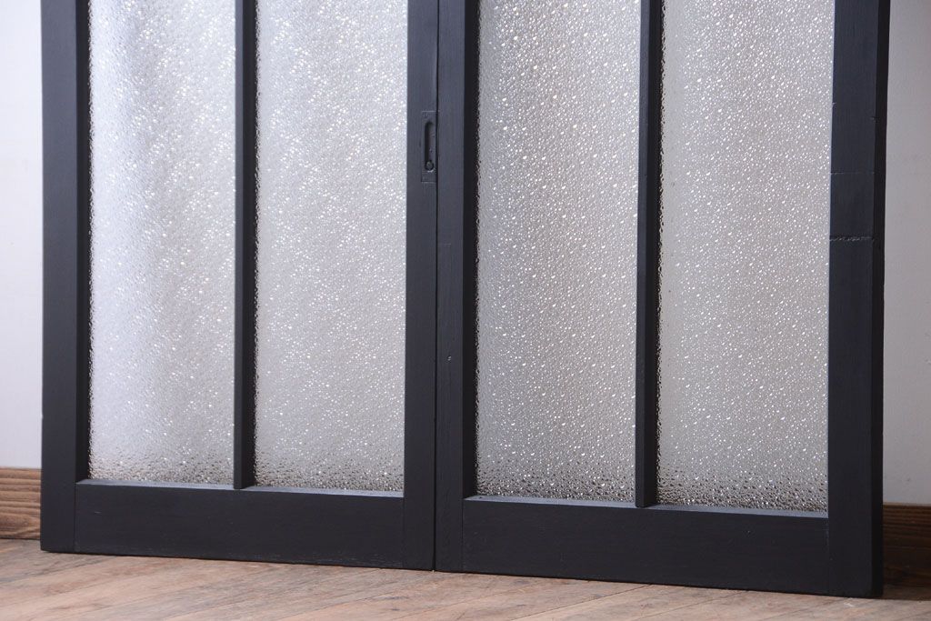 大正ロマン　当時物色ガラス入り!モダンなペイント引き戸2枚セット(窓)(2)