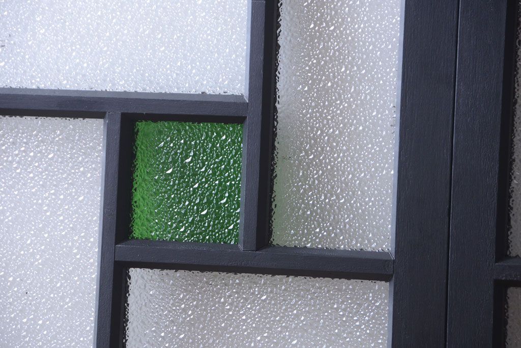 大正ロマン　当時物色ガラス入り!モダンなペイント引き戸2枚セット(窓)(2)