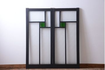 大正ロマン　当時物色ガラス入り!モダンなペイント引き戸2枚セット(窓)(2)