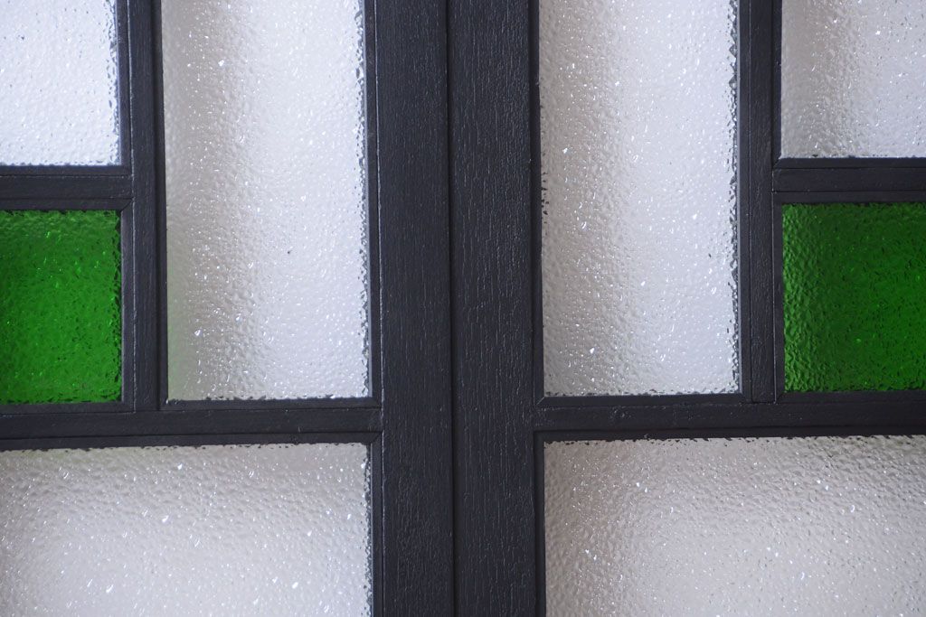 大正ロマン　当時物色ガラス入り!モダンなペイント引き戸2枚セット(窓)(2)