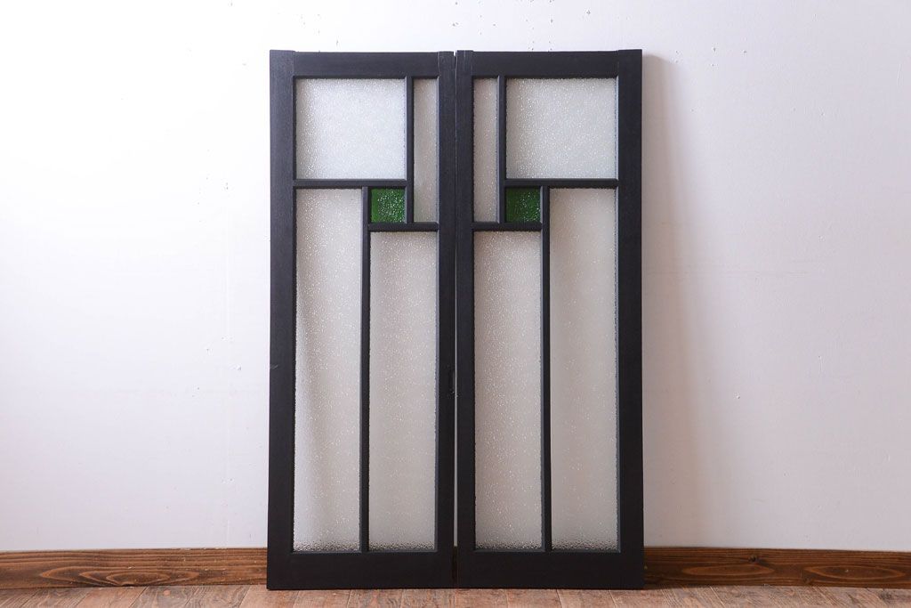 大正ロマン　当時物色ガラス入り!モダンなペイント引き戸2枚セット(窓)
