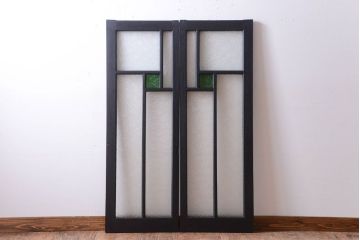 大正ロマン　当時物色ガラス入り!モダンなペイント引き戸2枚セット(窓)