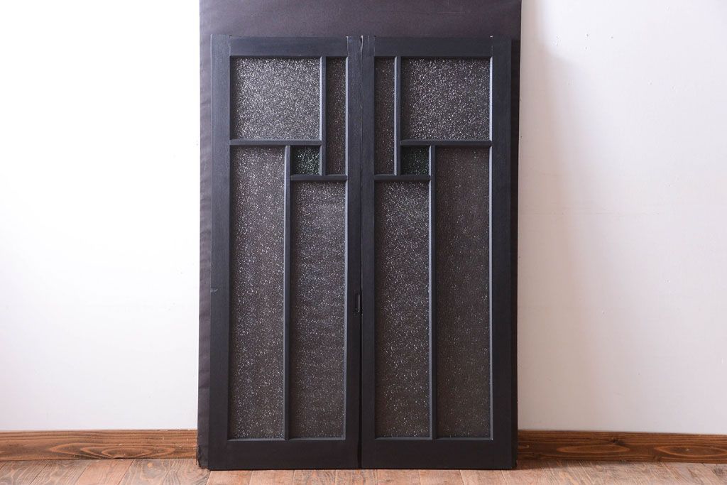 大正ロマン　当時物色ガラス入り!モダンなペイント引き戸2枚セット(窓)