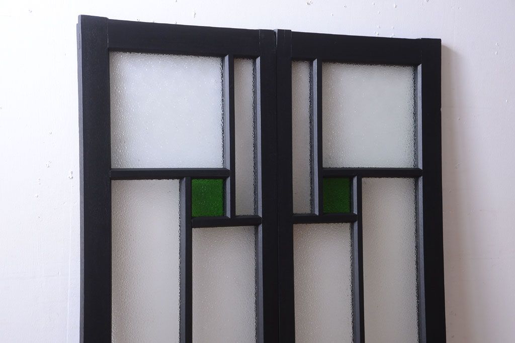 大正ロマン　当時物色ガラス入り!モダンなペイント引き戸2枚セット(窓)