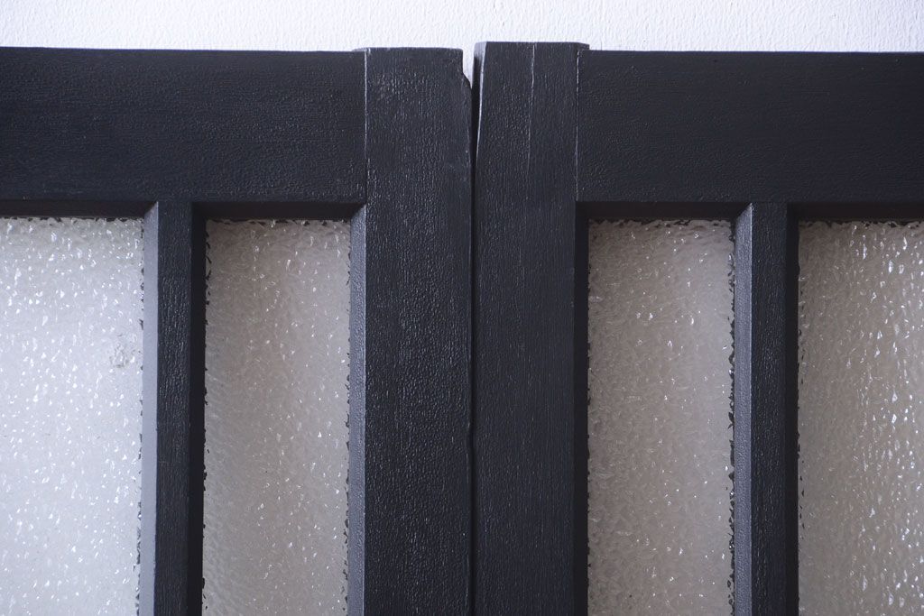 大正ロマン　当時物色ガラス入り!モダンなペイント引き戸2枚セット(窓)