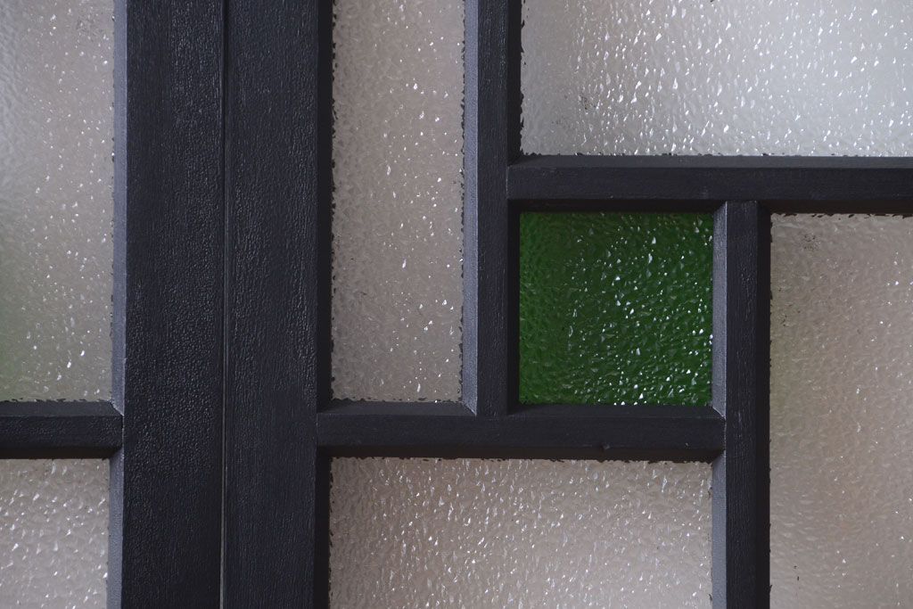 大正ロマン　当時物色ガラス入り!モダンなペイント引き戸2枚セット(窓)