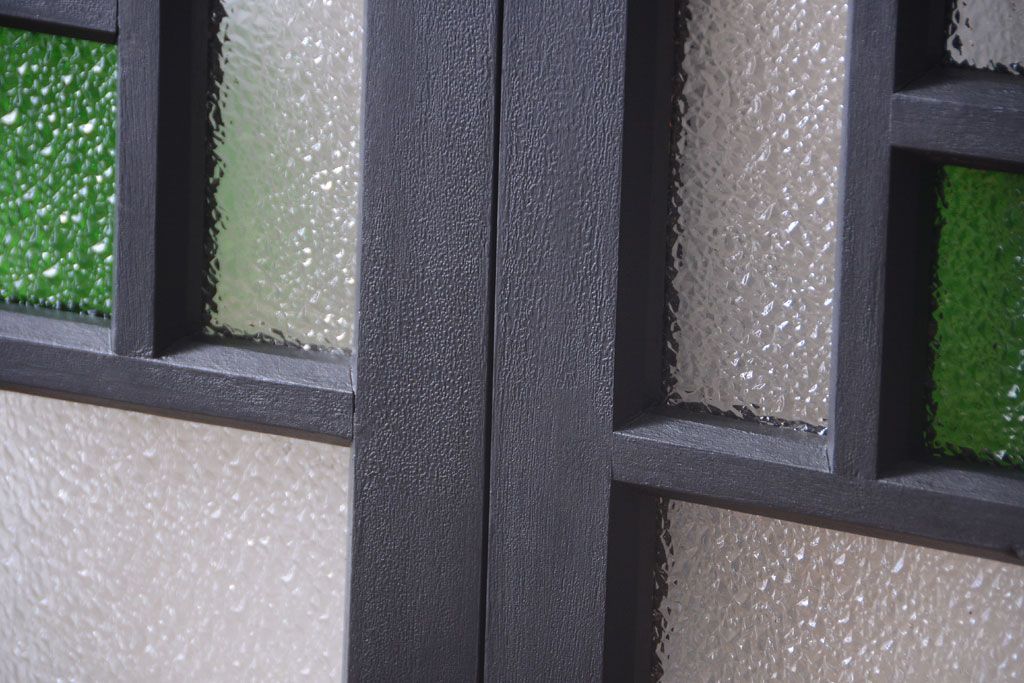 大正ロマン　当時物色ガラス入り!モダンなペイント引き戸2枚セット(窓)