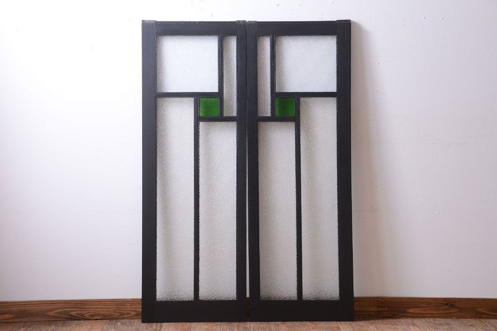 大正ロマン　当時物色ガラス入り!モダンなペイント引き戸2枚セット(窓)