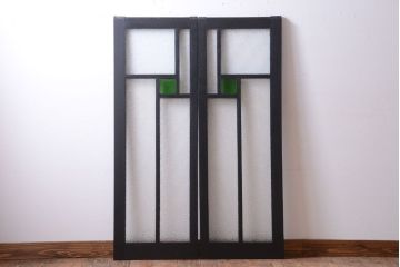 大正ロマン　当時物色ガラス入り!モダンなペイント引き戸2枚セット(窓)