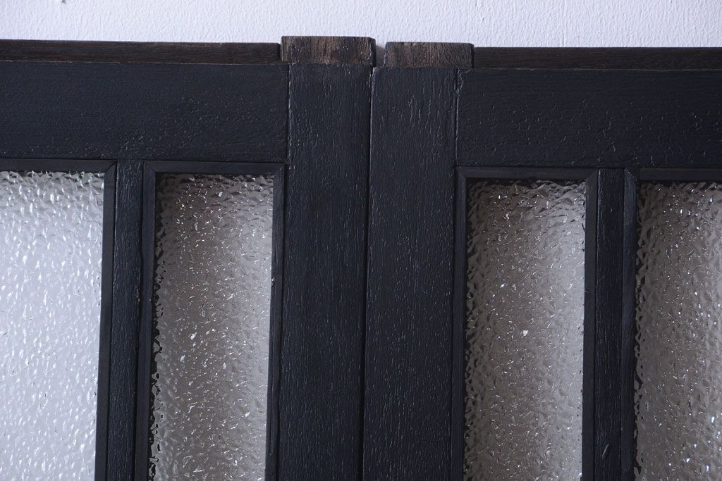 大正ロマン　当時物色ガラス入り!モダンなペイント引き戸2枚セット(窓)