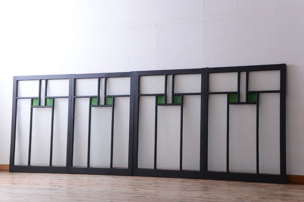 大正ロマン　当時物色ガラス入り!モダンなペイント引き戸4枚セット(窓)(1)