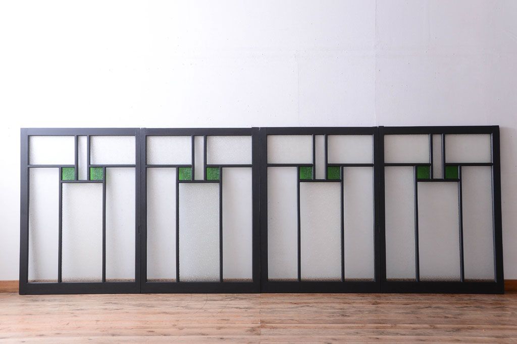 大正ロマン　当時物色ガラス入り!モダンなペイント引き戸4枚セット(窓)(1)