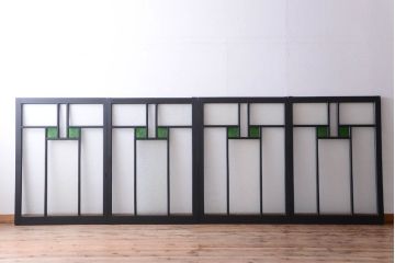 大正ロマン　当時物色ガラス入り!モダンなペイント引き戸4枚セット(窓)(1)