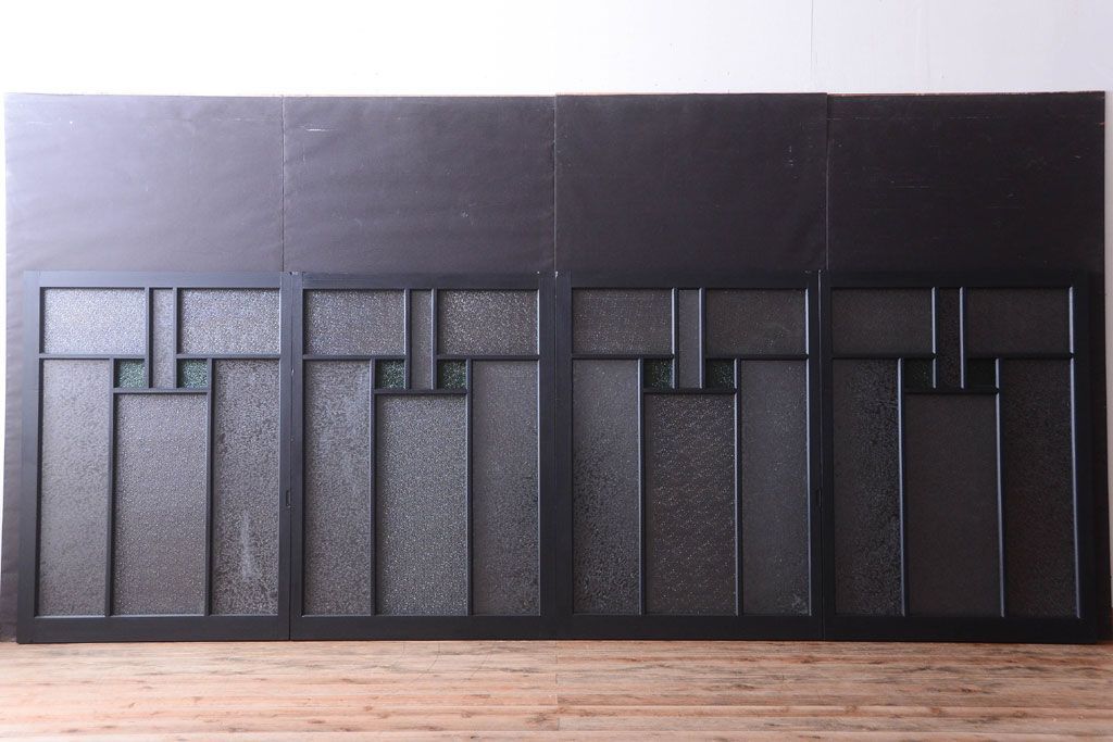 大正ロマン　当時物色ガラス入り!モダンなペイント引き戸4枚セット(窓)(1)