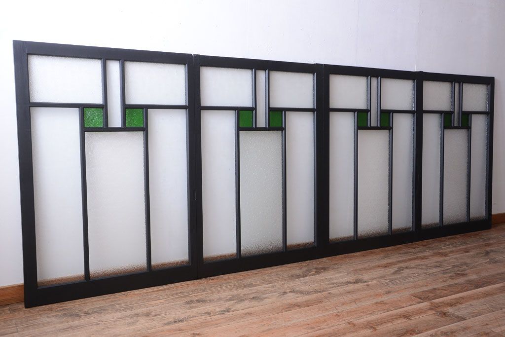 大正ロマン　当時物色ガラス入り!モダンなペイント引き戸4枚セット(窓)(1)