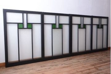 大正ロマン　当時物色ガラス入り!モダンなペイント引き戸4枚セット(窓)(1)