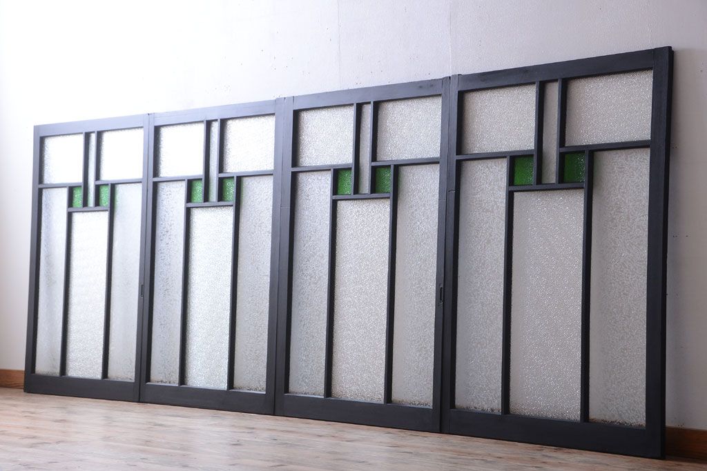 大正ロマン　当時物色ガラス入り!モダンなペイント引き戸4枚セット(窓)(1)