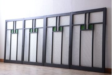 大正ロマン　当時物色ガラス入り!モダンなペイント引き戸4枚セット(窓)(1)