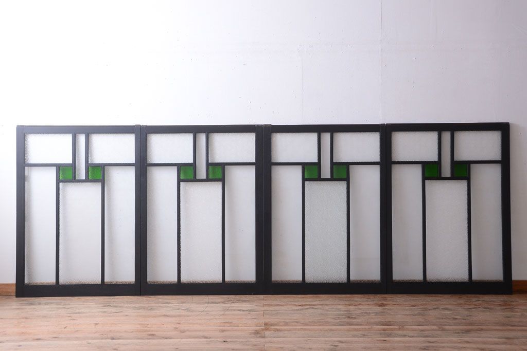 大正ロマン　当時物色ガラス入り!モダンなペイント引き戸4枚セット(窓)(1)