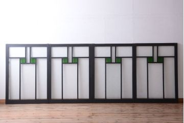 大正ロマン　当時物色ガラス入り!モダンなペイント引き戸4枚セット(窓)(1)