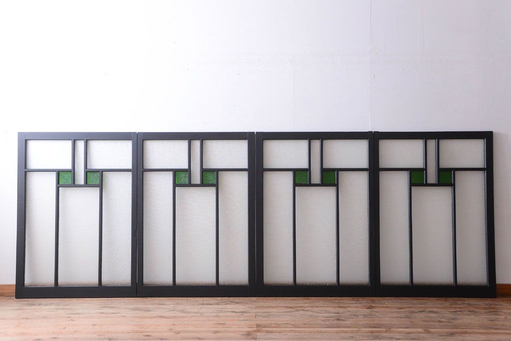 大正ロマン　当時物色ガラス入り!モダンなペイント引き戸4枚セット(窓)(2)