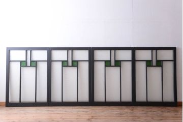 大正ロマン　当時物色ガラス入り!モダンなペイント引き戸4枚セット(窓)(2)