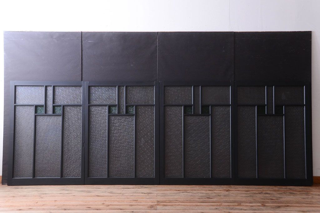 大正ロマン　当時物色ガラス入り!モダンなペイント引き戸4枚セット(窓)(2)