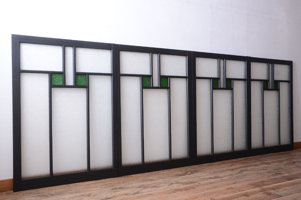 大正ロマン　当時物色ガラス入り!モダンなペイント引き戸4枚セット(窓)(2)