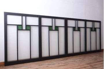 大正ロマン　当時物色ガラス入り!モダンなペイント引き戸4枚セット(窓)(2)