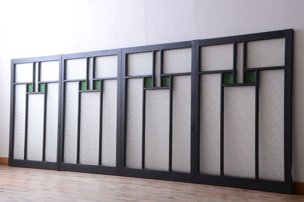 大正ロマン　当時物色ガラス入り!モダンなペイント引き戸4枚セット(窓)(2)