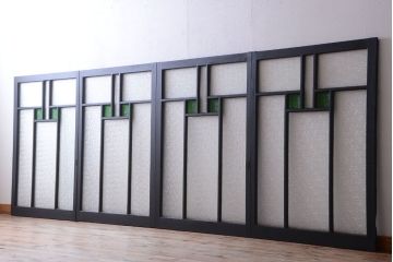 大正ロマン　当時物色ガラス入り!モダンなペイント引き戸4枚セット(窓)(2)