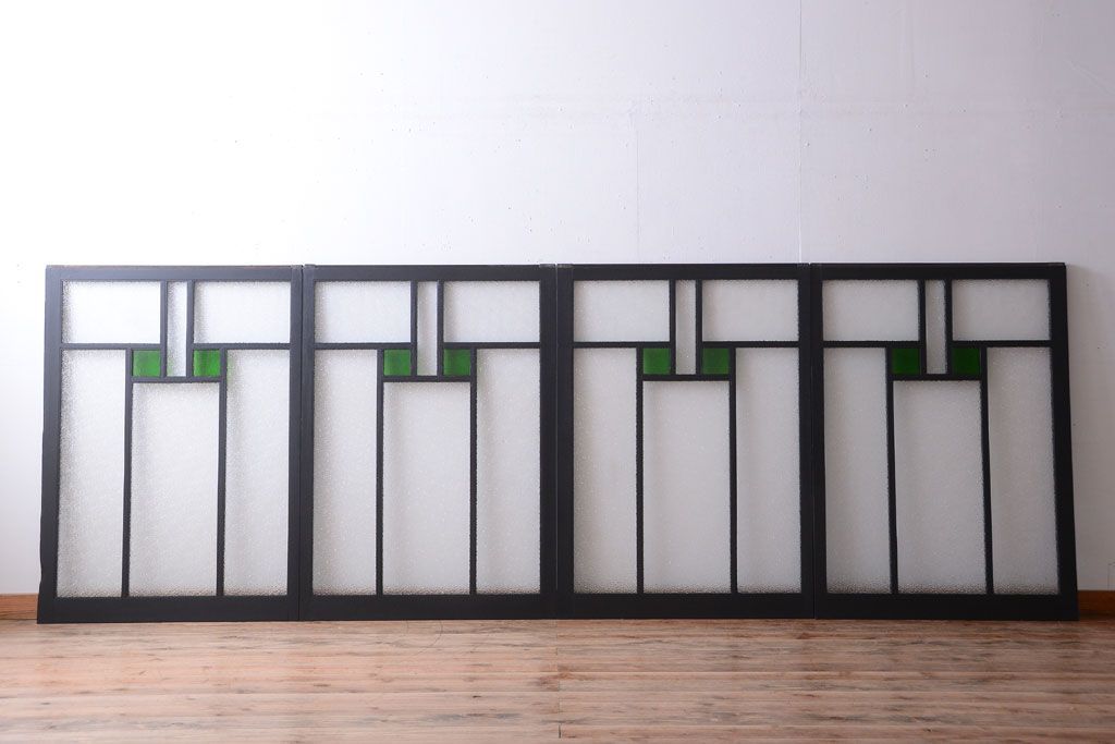 大正ロマン　当時物色ガラス入り!モダンなペイント引き戸4枚セット(窓)(2)