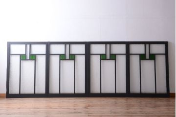 大正ロマン　当時物色ガラス入り!モダンなペイント引き戸4枚セット(窓)(2)