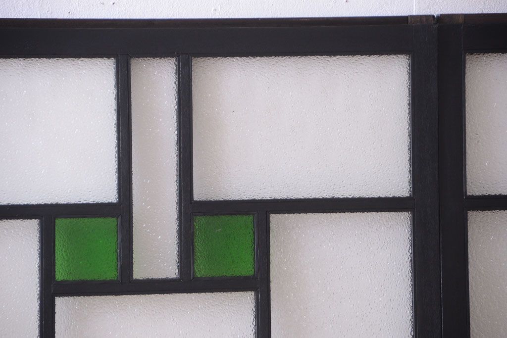 大正ロマン　当時物色ガラス入り!モダンなペイント引き戸4枚セット(窓)(2)