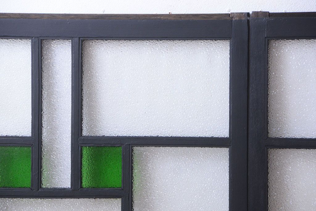 大正ロマン　当時物色ガラス入り!モダンなペイント引き戸4枚セット(窓)(2)