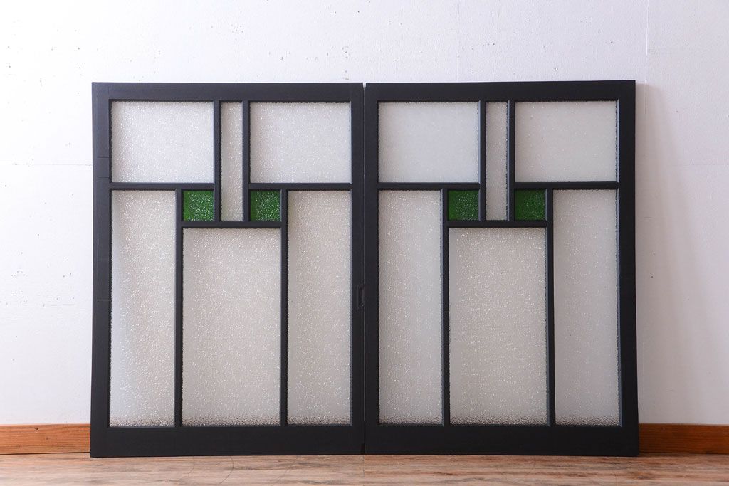 大正ロマン　当時物色ガラス入り!モダンなペイント引き戸2枚セット(窓)(3)