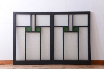 大正ロマン　当時物色ガラス入り!モダンなペイント引き戸2枚セット(窓)(3)