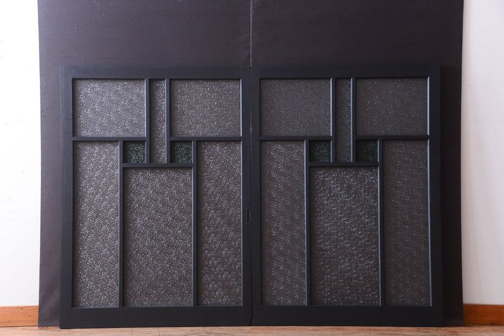 大正ロマン　当時物色ガラス入り!モダンなペイント引き戸2枚セット(窓)(3)