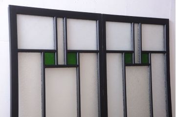 大正ロマン　当時物色ガラス入り!モダンなペイント引き戸2枚セット(窓)(3)